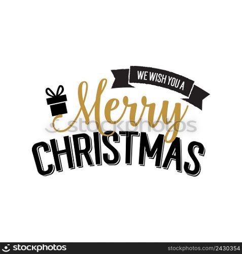 We wish you very merry Christmas lettering. Creative inscription on scroll with present. Handwritten text, calligraphy. Can be used for greeting cards, posters and leaflets
