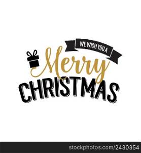 We wish you very merry Christmas lettering. Creative inscription on scroll with present. Handwritten text, calligraphy. Can be used for greeting cards, posters and leaflets