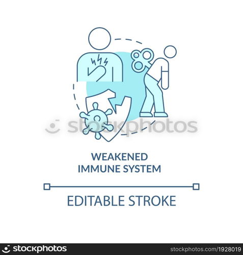 Weakened immune system blue concept icon. Pneumonia risk factor abstract idea thin line illustration. Acquired immune deficiency. Vector isolated outline color drawing. Editable stroke. Weakened immune system blue concept icon