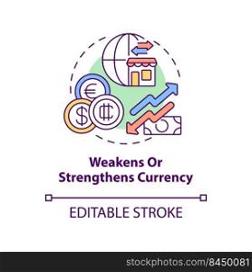 Weakens and strengthens currency concept icon. Effect of inflation abstract idea thin line illustration. Isolated outline drawing. Editable stroke. Arial, Myriad Pro-Bold fonts used. Weakens and strengthens currency concept icon