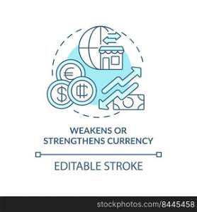 Weakens and strengthens currency turquoise concept icon. Effect of inflation abstract idea thin line illustration. Isolated outline drawing. Editable stroke. Arial, Myriad Pro-Bold fonts used. Weakens and strengthens currency turquoise concept icon