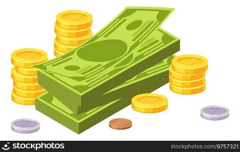 Wealth cartoon icon. Dollar banknotes and coin stacks isolated on white background. Wealth cartoon icon. Dollar banknotes and coin stacks