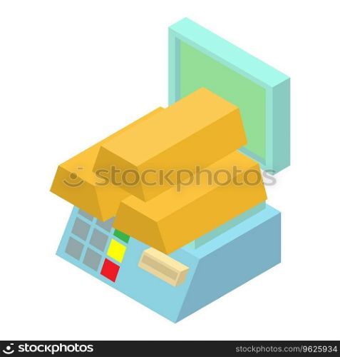Wealth concept icon isometric vector. Three golden bullion on cash register icon. Golden financial reserve, precious metal investment. Wealth concept icon isometric vector. Three golden bullion on cash register icon