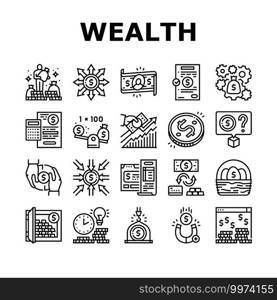 Wealth Finance Capital Collection Icons Set Vector. Millionaire Money Wealth And Financial Income, Budget And Investor Diversification Black Contour Illustrations. Wealth Finance Capital Collection Icons Set Vector