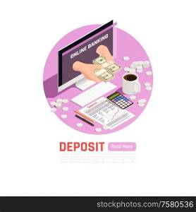 Wealth management isometric background with editable text and composition of workplace elements coins and money banknotes vector illustration