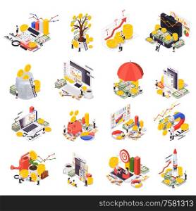 Wealth management isometric icon set target chart graphs and other abstract elements vector illustration