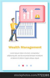 Wealth management online concept. Man with pen ready to sign check with statistics and personal information. Website landing page template. Data growth and business profits displayed on the graph. Wealth management concept. Man with pen ready to sign check with statistics. Landing page template