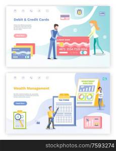 Wealth management vector, debit and credit cards people with banking system. Male filling tax form, infographics on screen, set of transaction. Website or webpage template, landing page flat style. Debit and Credit Card, Wealth Management Website