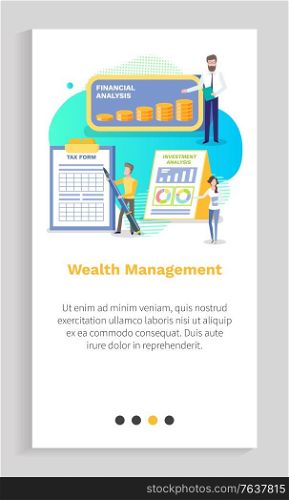 Wealth management vector finance plan and profit gaining percent people showing benefit from deposit in bank, banking system workers with stats. Website or app slider template, landing page flat style. Wealth Management Infocharts and Analytics Vector