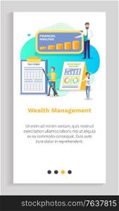 Wealth management vector finance plan and profit gaining percent people showing benefit from deposit in bank, banking system workers with stats. Website or app slider template, landing page flat style. Wealth Management Infocharts and Analytics Vector