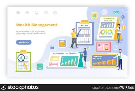 Wealth management vector, infographics and infocharts with investment plan and retirement information statistics on clipboard, page data. Invest manager, landing page flat style. Wealth Management People with Infographics Web
