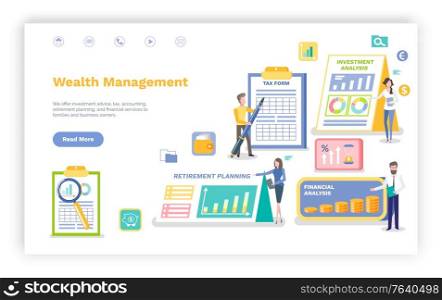 Wealth management vector, man signing tax form, investment and financial statistics and data on accounts, people working in banking sphere.Website or webpage template, landing page flat style. Wealth Management, People with Tax Form Clipboard