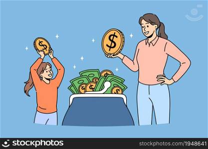 Wealth savings and budget concept. Smiling happy mother and daughter standing taking golden coins out of purse wallet vector illustration. Wealth savings and budget concept.