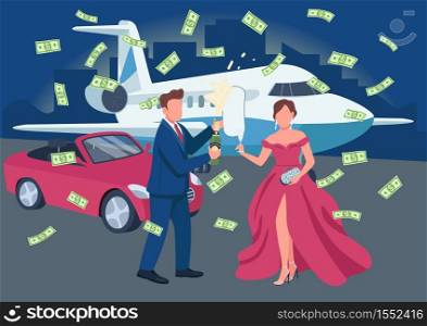 Wealthy couple opening champagne bottle flat color vector illustration. Money flying around. Rich people having celebration 2D cartoon characters with transport and cityscape on background. Wealthy couple opening champagne bottle flat color vector illustration