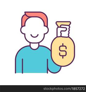Wealthy person RGB color icon. Rich man. Luxurious and lavish lifestyle. Following fashion trends. Excessive and mindless spending. Isolated vector illustration. Simple filled line drawing. Wealthy person RGB color icon