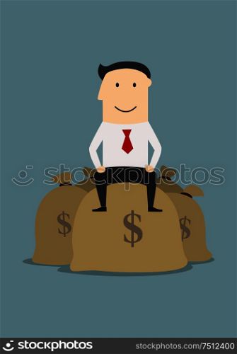 Wealthy successful cartoon businessman sitting on top of a pile of dollar money bags, for business concept. Wealthy businessman sitting on money bags