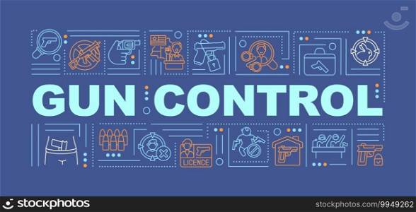 Weapon control word concepts banner. Infographics with linear icons on dark blue background. Protection of shooting animals. Isolated typography. Vector outline RGB color illustration. Weapon control word concepts banner