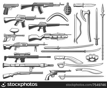 Weapon guns ammunition, military and fight ammo icons. Vector grenade, bullet shotgun and sniper rifle, rapier saber and crossbow arrow, soldier ax and pitol, ninja weaponry, katana sword and nunchaku. Military ammunition, fight weapon and guns