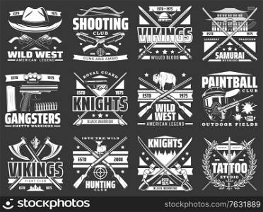 Weapon heraldic icons with vector hunting rifles, guns and knives, medieval knight swords, crossbows, arrows and spears. Viking axe, samurai katana, Wild West cowboy revolver and shotgun emblems. Weapon heraldic icons with guns, swords, rifles