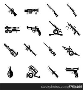 Weapon icons black set with bazooka ak47 gun rifle isolated vector illustration