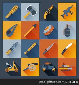 Weapon icons flat set with axe dagger tank cannon isolated vector illustration