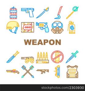 Weapon Military Army Equipment Icons Set Vector. Bow And Arrow For Aiming, Revolver And Handgun, Rifle And Gun Weapon, Bullet And Helmet Line. Knife And Sword, Grenade And Dynamite Color Illustrations. Weapon Military Army Equipment Icons Set Vector