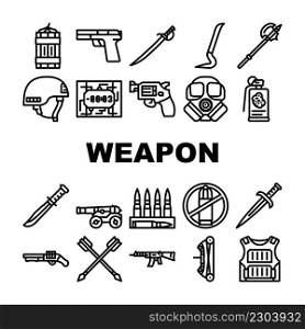 Weapon Military Army Equipment Icons Set Vector. Bow And Arrow For Aiming, Revolver And Handgun, Rifle And Gun Weapon, Bullet Helmet Line. Knife Sword, Grenade And Dynamite Black Contour Illustrations. Weapon Military Army Equipment Icons Set Vector