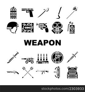 Weapon Military Army Equipment Icons Set Vector. Bow And Arrow For Aiming, Revolver Handgun, Rifle And Gun Weapon, Bullet Helmet. Knife Sword, Grenade And Dynamite Glyph Pictograms Black Illustrations. Weapon Military Army Equipment Icons Set Vector