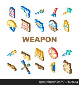 Weapon Military Army Equipment Icons Set Vector. Bow And Arrow For Aiming, Revolver And Handgun, Rifle Gun Weapon, Bullet Helmet. Knife Sword, Grenade And Dynamite Isometric Sign Color Illustrations. Weapon Military Army Equipment Icons Set Vector