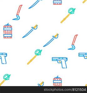 Weapon Military Army Equipment Vector Seamless Pattern Color Line Illustration. Weapon Military Army Equipment Icons Set Vector