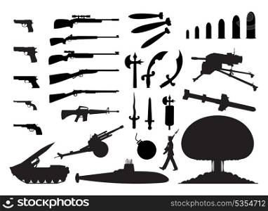 weapon. Silhouettes of the various weapon and engineering. A vector illustration