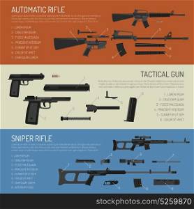 Weapons And Guns Horizontal Banners. Flat horizontal weapon banners presenting description of rifles gun and their parts isolated vector illustration