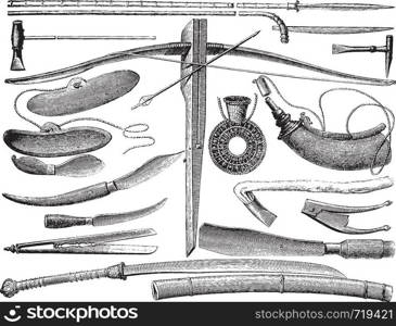 Weapons and Laotian tools, vintage engraved illustration. Le Tour du Monde, Travel Journal, (1872).