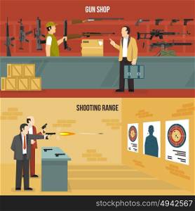 Weapons Guns Banners. Two horizontal flat weapon banners with men choosing a gun and shooting at charges isolated vector illustration