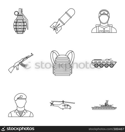 Weapons icons set. Outline illustration of 9 weapons vector icons for web. Weapons icons set, outline style