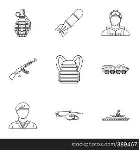 Weapons icons set. Outline illustration of 9 weapons vector icons for web. Weapons icons set, outline style