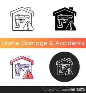 Weapons storage icon. Home defense. Safe gun storage. Preventing unauthorized access to firearms. Defensive capabilities. Linear black and RGB color styles. Isolated vector illustrations. Weapons storage icon