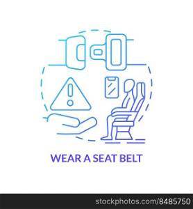 Wear seatbelt blue gradient concept icon. Airplane passenger safety abstract idea thin line illustration. Shoulder harnesses. Defensive driving. Isolated outline drawing. Myriad Pro-Bold font used. Wear seatbelt blue gradient concept icon