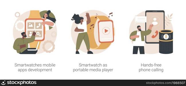 Wearable devices abstract concept vector illustration set. Smartwatches mobile apps development, smartwatch as portable media player, hands-free phone calling, voice command calls abstract metaphor.. Wearable devices abstract concept vector illustrations.