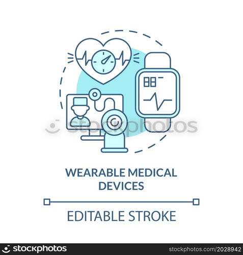 Wearable medical devices blue concept icon. Patients condition monitoring with digital tools abstract idea thin line illustration. Vector isolated outline color drawing. Editable stroke. Wearable medical devices blue concept icon