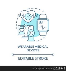 Wearable medical devices blue concept icon. Patients condition monitoring with digital tools abstract idea thin line illustration. Vector isolated outline color drawing. Editable stroke. Wearable medical devices blue concept icon