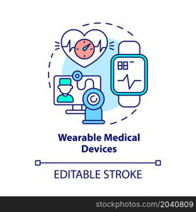 Wearable medical devices concept icon. Patients condition monitoring with digital tools abstract idea thin line illustration. Vector isolated outline color drawing. Editable stroke. Wearable medical devices concept icon