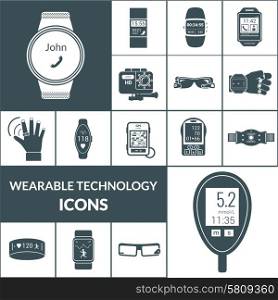 Wearable technologies icons black set with smart portable electronic isolated vector illustration. Wearable Technologies Icons Black