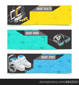 Wearable technology banners. Wearable technology horizontal banners with smart isometric gadgets vector illustration