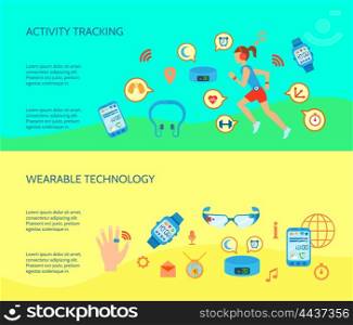 Wearable Technology Compositions Set . Wearable Technology Flat Concept. Wearable Technology Compositions. Wearable Gadgets Horizontal Banners. Wearable Gadgets Vector Illustration. Wearable Gadgets Isolated Set. Wearable Gadgets Design Symbols.