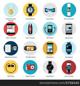 Wearable technology icons set with smart accessory running watch activity trackers isolated vector illustration