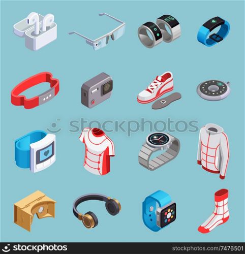 Wearable technology sensor tracking activity gadgets clothes accessories shoes vr kit isometric icons set isolated vector illustration