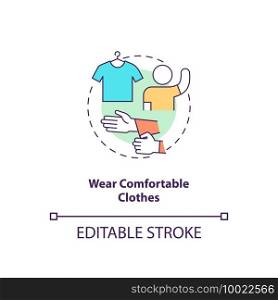 Wearing comfortable clothes concept icon. Blood test tip idea thin line illustration. Restriction-free outfit choice. Giving physical relief. Vector isolated outline RGB color drawing. Editable stroke. Wearing comfortable clothes concept icon