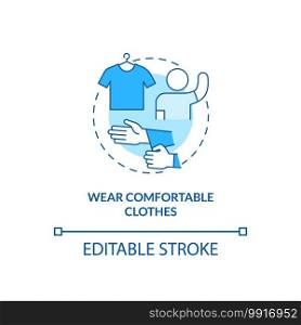 Wearing comfortable clothes concept icon. Blood test tip idea thin line illustration. Restriction-free outfit choice. Comfort level. Vector isolated outline RGB color drawing. Editable stroke. Wearing comfortable clothes concept icon