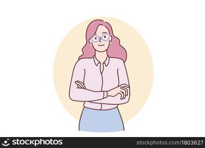 Wearing glasses and image concept. Young smiling positive girl cartoon character standing wearing glasses looking at camera with hands crossed vector illustration . Wearing glasses and image concept.